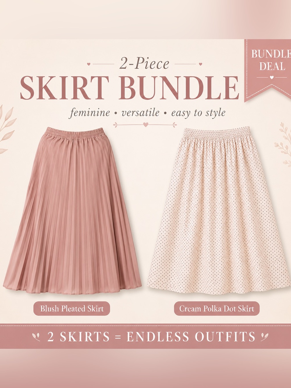 2-Piece Skirt Bundle | Blush Pleated Maxi + Cream Polka Dot Midi Skirt